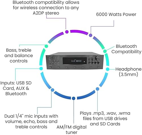 Miniatura 3 de Vaiyer Kit de sistema de audio para el hogar, amplificador Bluetooth de 6 canales de 6000 vatios con 6.5 pulgadas, 12 unidades de 200 W cada uno