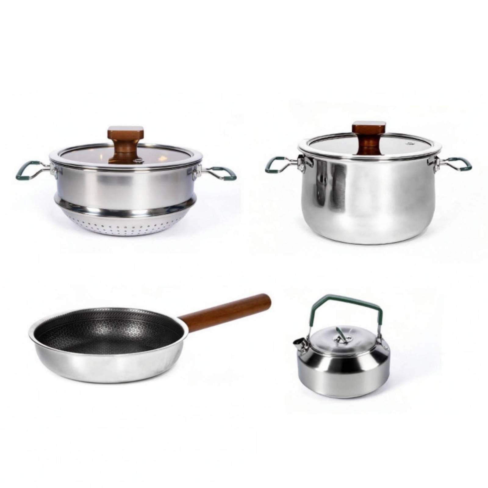 Set di Cucina da Campeggio in Acciaio Inox 304 Resistente Pentole e Padelle da Campeggio con Coperchio Set di Pentole in Acciaio Inox per Picnic