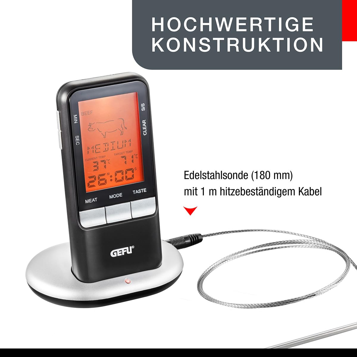 GEFU Funk-Bratenthermometer HÄNDI - Digitales Grillthermometer mit Timer