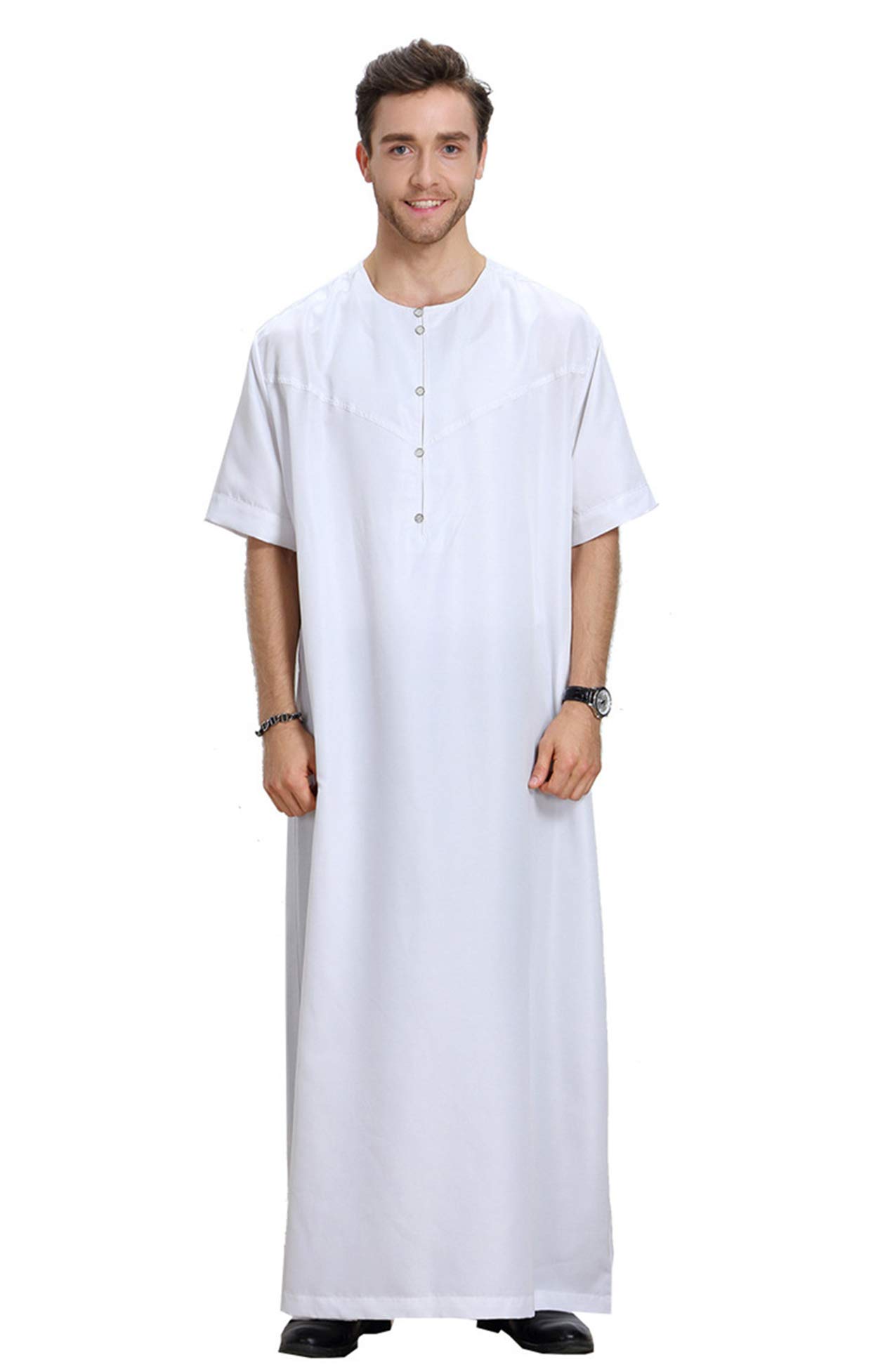 GladThink Men's Muslim Thobe With Short Sleeves and Round Neck