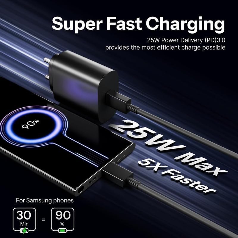 Image of Samsung Original 25W Superfast Charger with USB-C Cable | Type-C Adapter Compatible for Samsung Galaxy S /A /M /F /Z Series /S25 /S24 /S23 /S22Ultra /S21 /21FE /S20 /Note /M54 /M53 5G /M33 /M23 /A34 /A54 5G (Black)