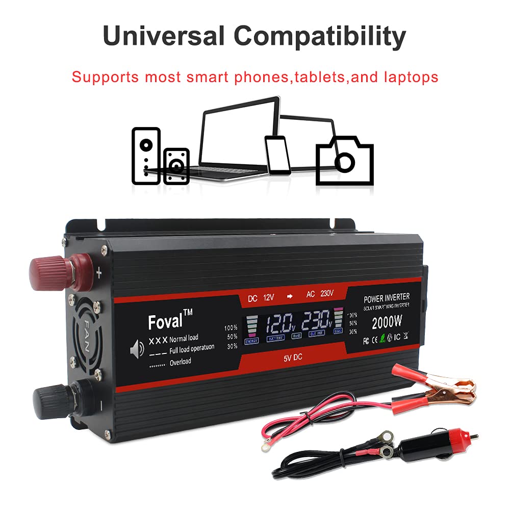 Inversor,Inversor Onda Pura Inversor 12V a 220V 2000W 220 Pantalla Duradera Dual 2 USB inversor de automóvil Transformador 12V 220V(2000W)