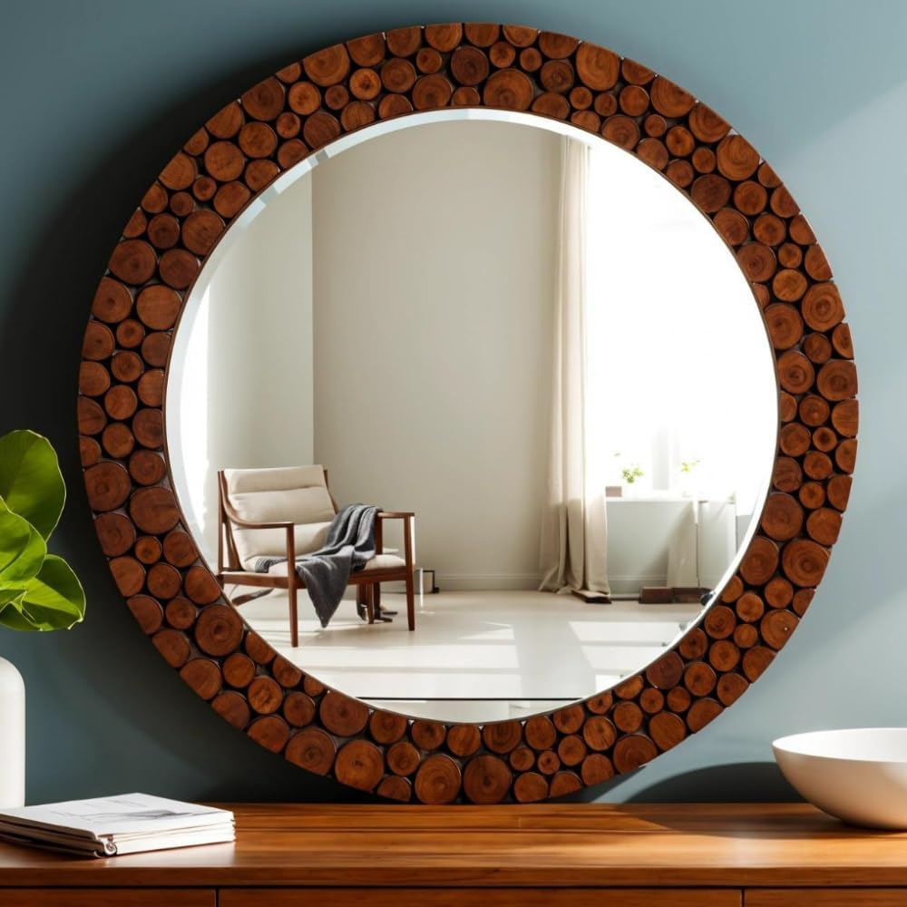 KGN Handicrafts (18'' Inches Round Handmade Wooden Round Wall Mirror ? Vintage Decorative Hanging Mirror for Living Room, Bedroom, Bathroom & Office ? Rustic Wooden Frame with Glossy Finish Brown-image-30