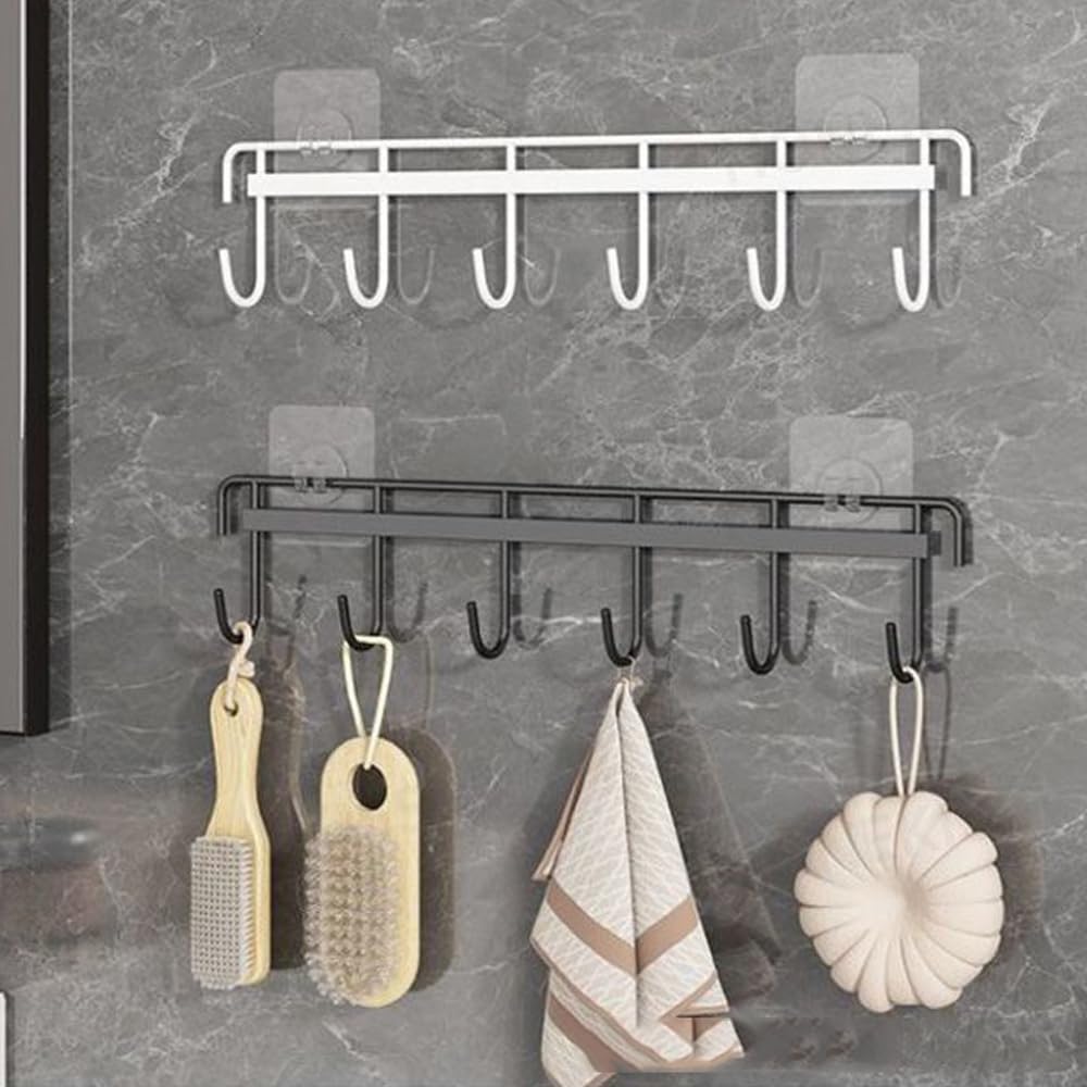 2 ganchos de cocina de montaje en pared, estante para utensilios con 6 ganchos, soporte sin perforación, riel de ahorro de espacio para baño (negro) 4