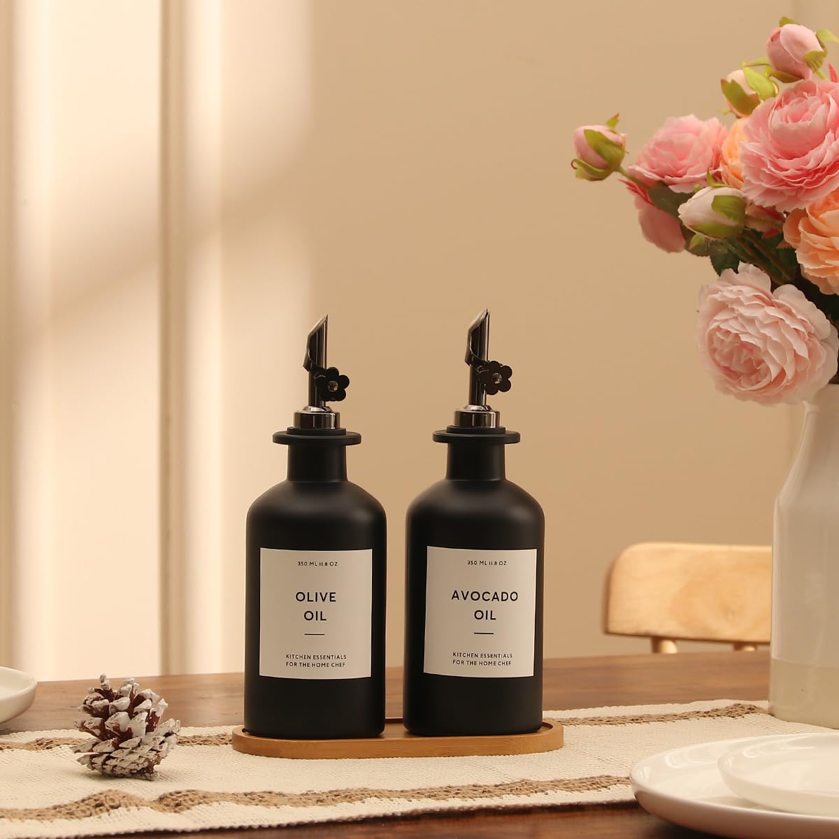 HOMCDALY Olivenölspender für die Küche, 340 ml, Glas-Küchenspenderflasche, schwarzes Öl- und Essig-Set, auslaufsichere Olivenölflaschen, 340 ml, Schwarz