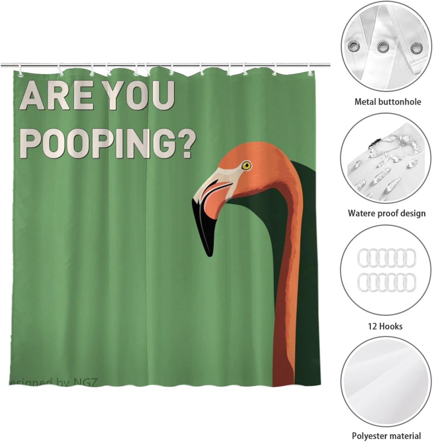 NGZ are You Pooping Flamingo Shower Curatin, Funny Flamingo Shower Curtain, Green Shower Curtain Set with 12 Hooks for Bathroom Decor, 72x72
