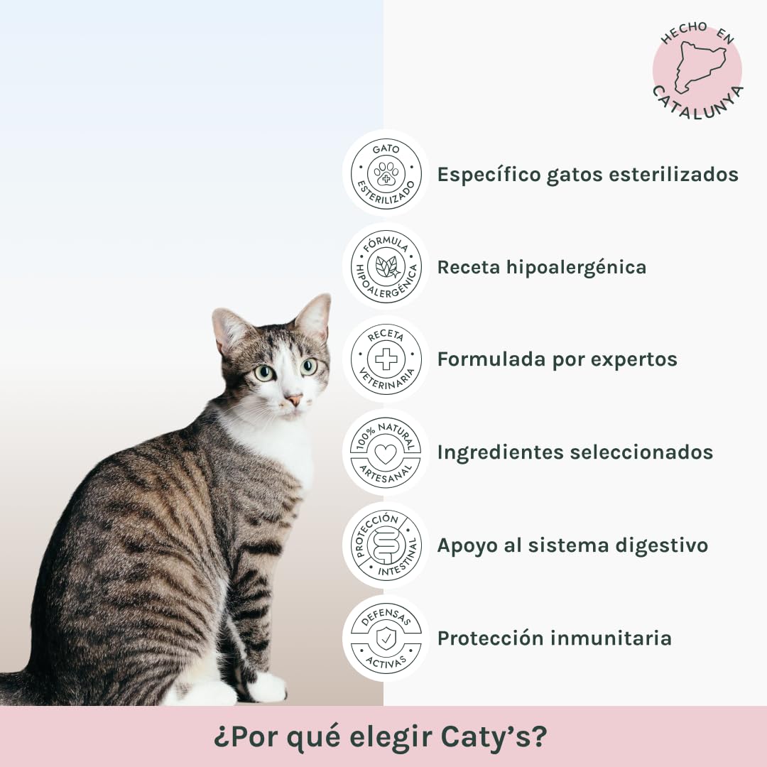 Caty’s Pienso Natural para Gatos Esterilizados 12 Kg - Comida Seca de Salmon – Comida Hipoalergenico de Alta Digestion - Sin Maíz ni Soja - Producto Nacional 100%