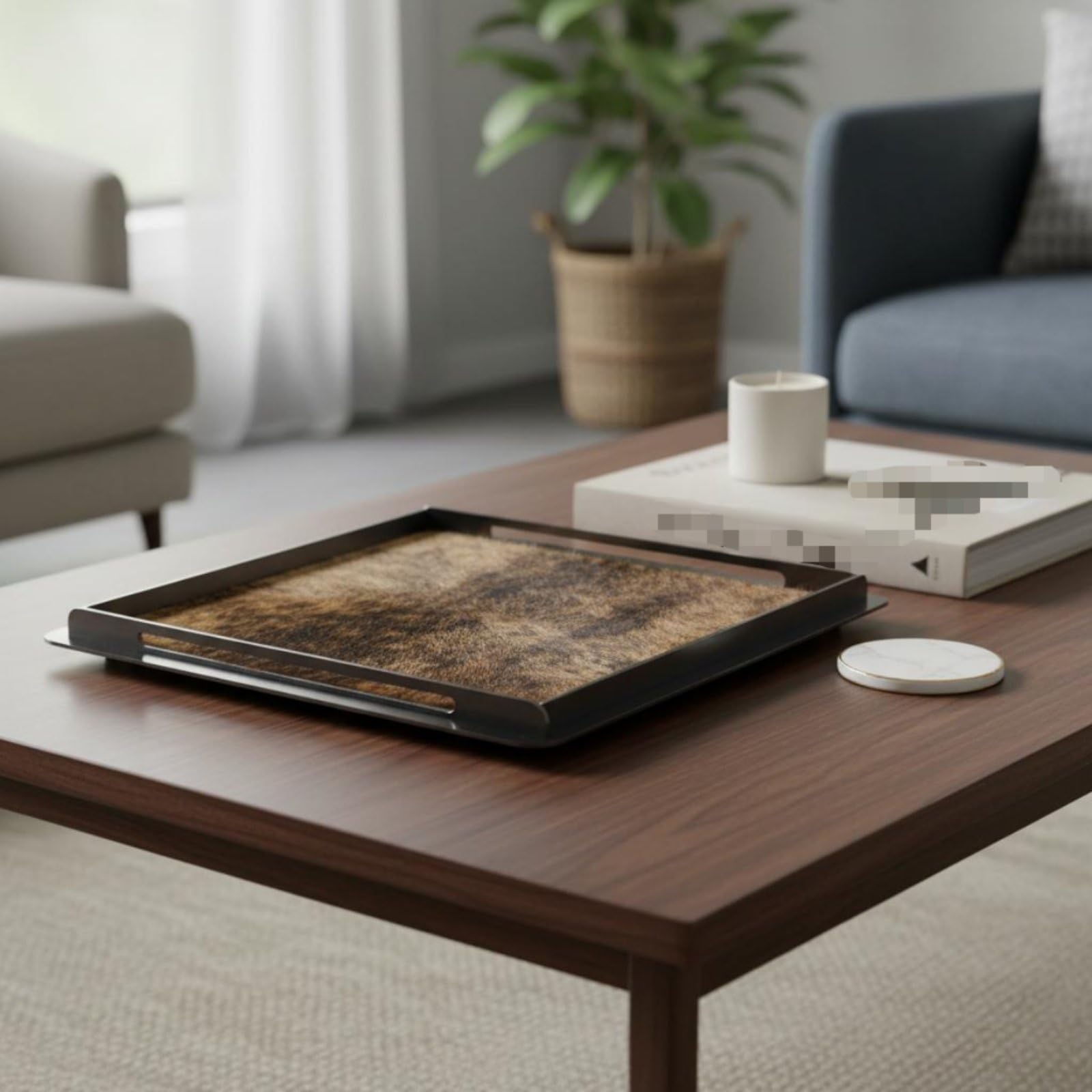 Bandeja Decorativa Bandeja Auxiliar Bandeja para Joyas Bandeja Organizadora con Base de Acero Inoxidable y Superficie Decorativa Estilo Contemporáneo, Cuero Marrón