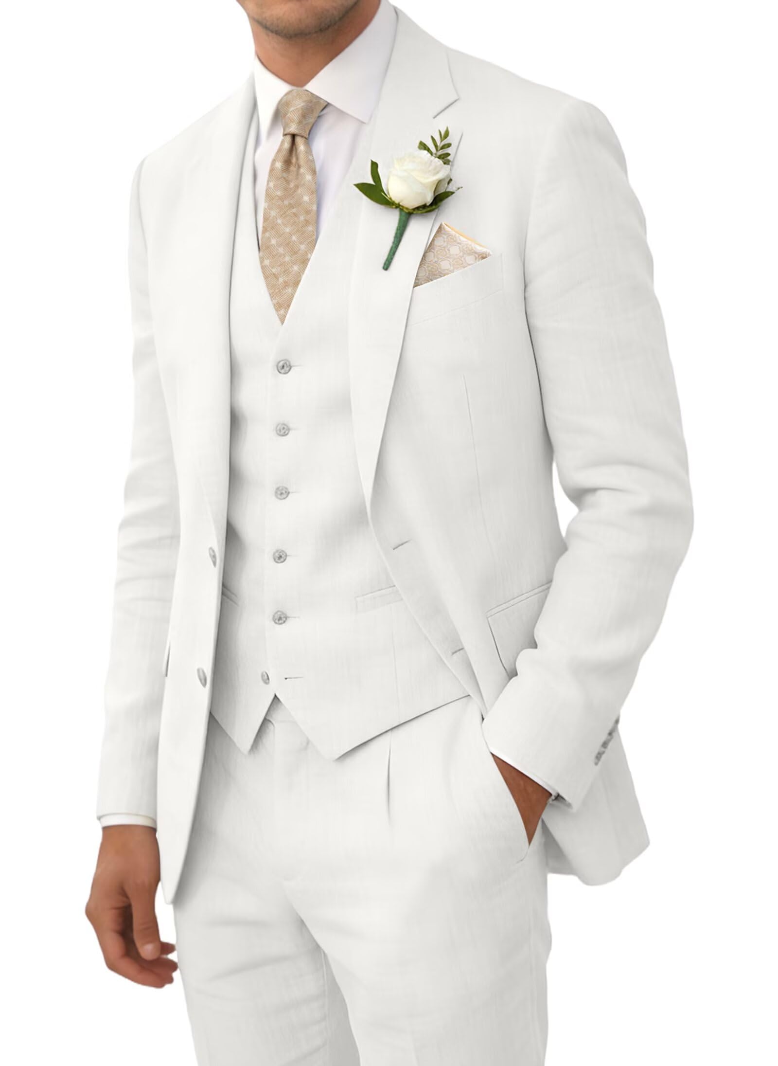 Wehilion Retro Linen Men Suits Beach Wedding Suit Summer Slim Fit 3 Pieces Light Weight Breathable Jacket Vest Pant Tuxedo