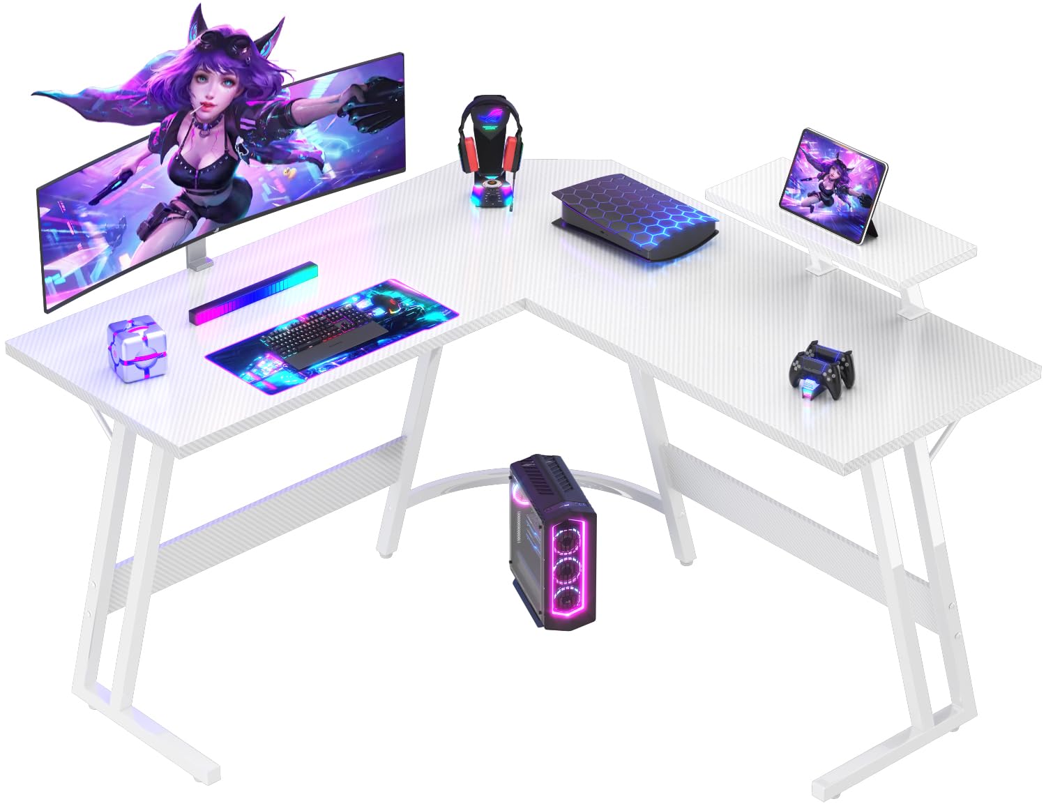 Devoko L Shaped Gaming Desk 120x120x75cm With Removable Monitor Stand, Corner Computer Desk Large PC Writing Table for Home and Office,Easy to Assemble, Carbon Fibre White — image 1