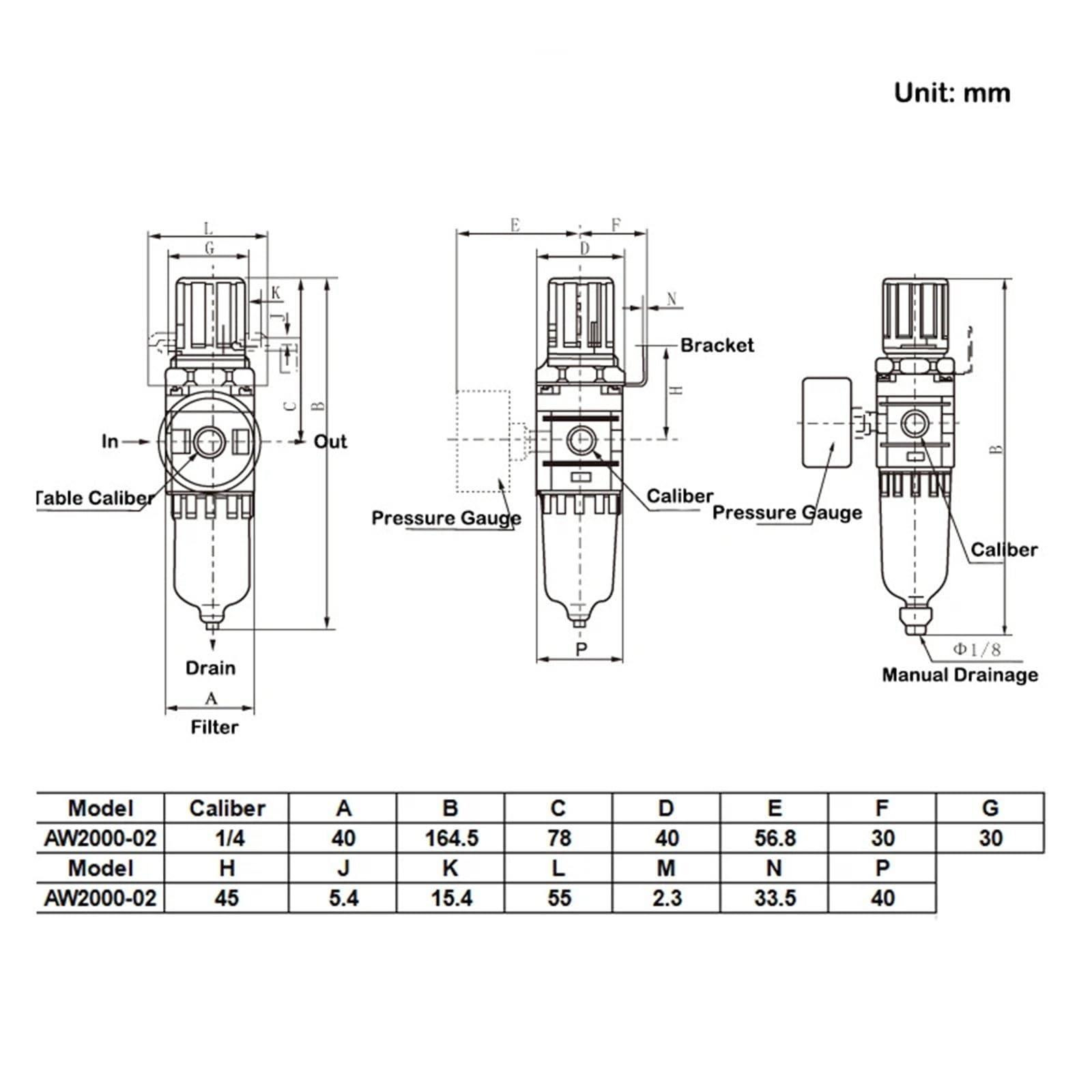 Regulador de presión de filtro de aire neumático AW2000-02 de 1/4" con manómetro (1 unidad)(AW2000-02 F C)