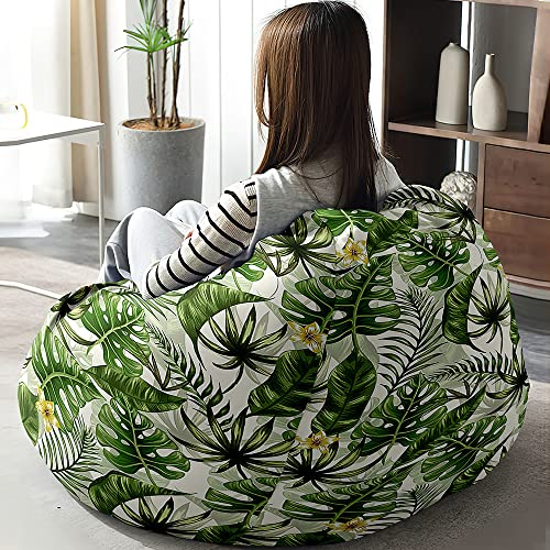 Hiseng Funda de puf, Sillón de Pera sin Relleno,Patrón de Hojas Sofa Puff Gaming Salon Funda Moderno Sin Relleno para Niños y Adultos, Bean Bag con Asa para Salón (Monstera Deliciosa,80x90cm)