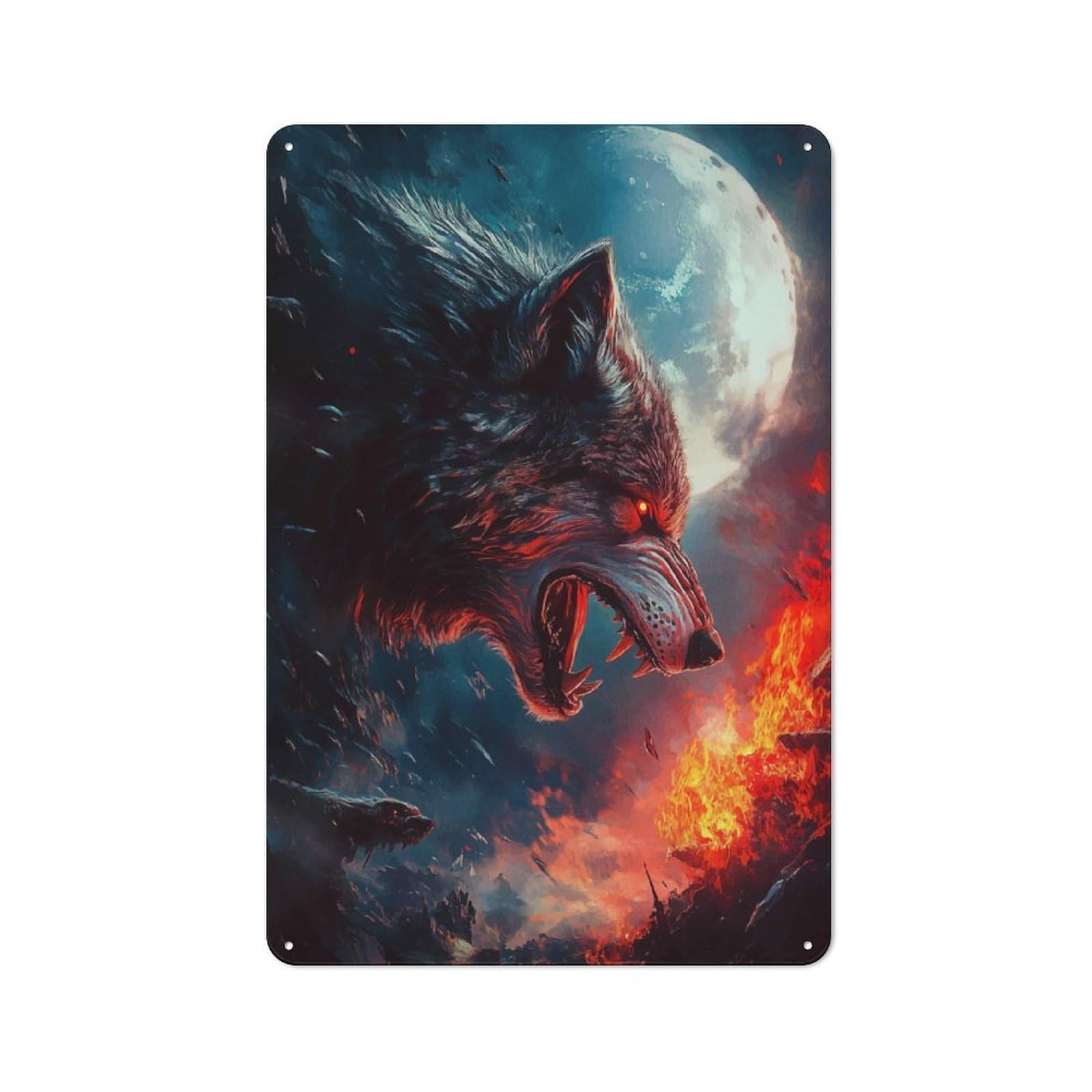 Junmoney Style Fiery Wolf Under Full Moon Rustic Metal Sign 30X20cm For Garden Room Or Summerhouse, For Themed Interiors In Garden Rooms And Summerhouses