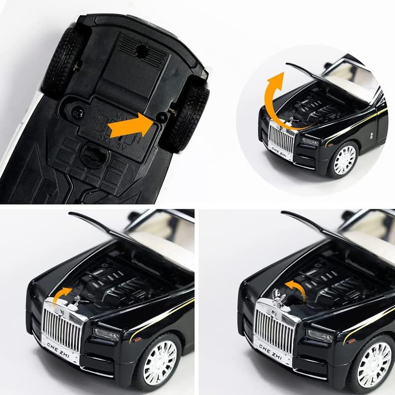 Image of PINQUE Kids Diecast Metal Car 1:32 R Royce Phantom, Silver, Pull Back, Openable Doors, Music Sound, Light, Boys 4+