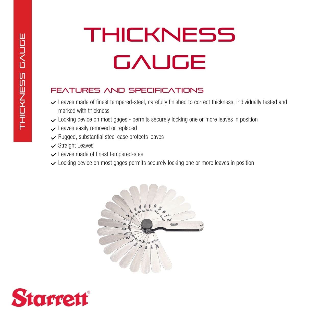 Starrett Tempered Steel English Thickness Gage with Easily Removed Leaves - Ideal for Carpenters and Home Improvement - 22 Leaves, 1/2" x 3-1/32" Size, .0015"-.035" Thickness - 572B