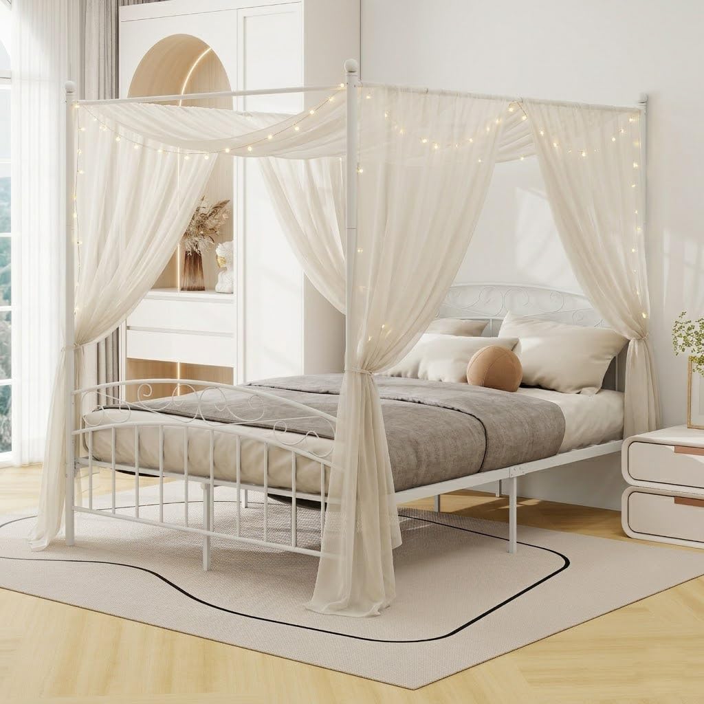 alazyhome Metal Canopy Bed Frame Queen Size, Four-Poster Platform Bed with Headboard and Footboard, Noise-Free Heavy Duty Steel Slats, Easy Assembly, No Box Spring Needed, White