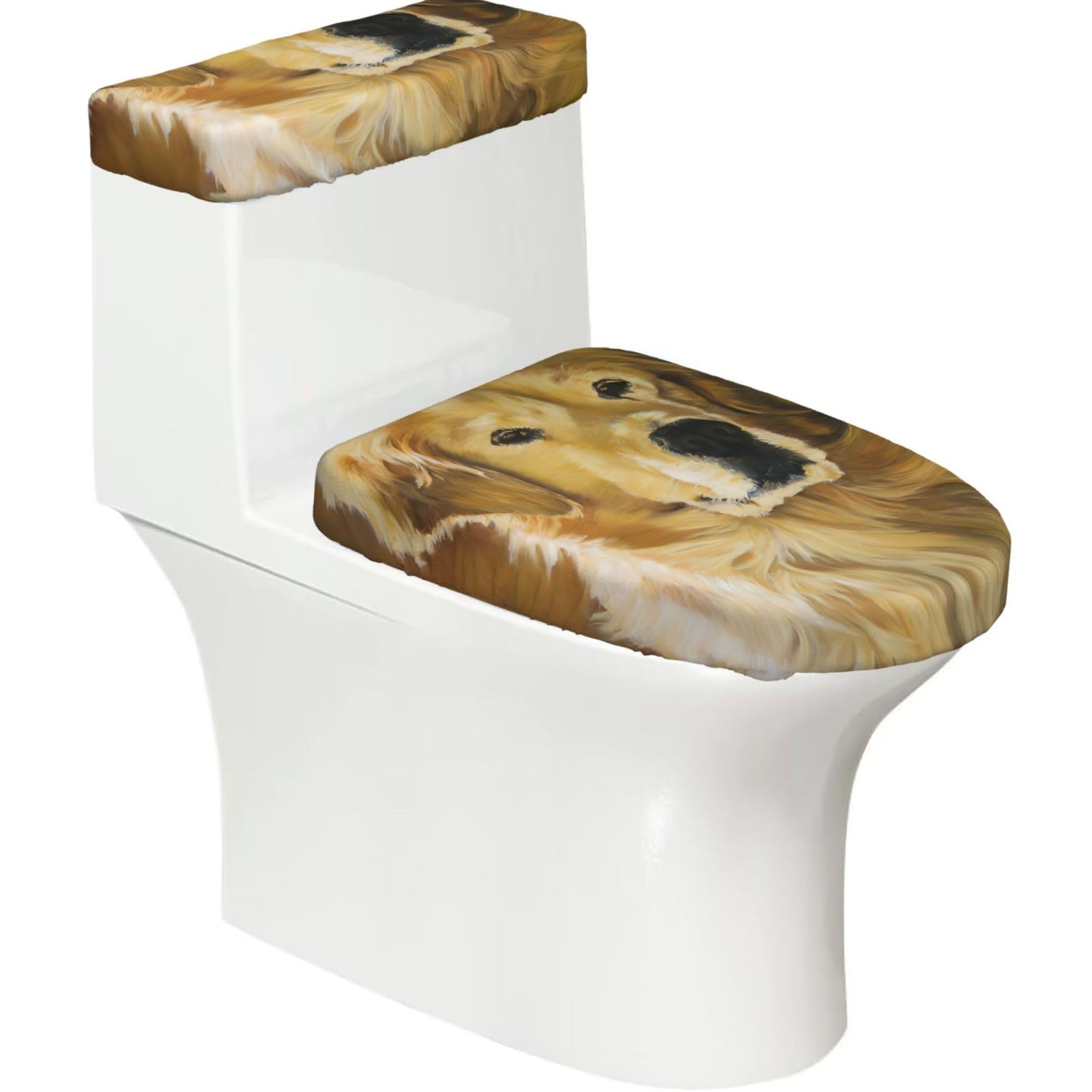 Beautiful Golden Retriever 2-Piece Toilet Seat Cover Set with Tank Lid - Elastic for U-Shape & Elongated - Bathroom Decor