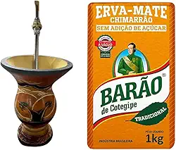 Kit Chimarrão Cuia Artesanal em Cerãmica Marrom + Bomba De Chimarrão Ferro Com Anel 25cm + Erva Mate Tradicional Barão de Cotegipe 1kg