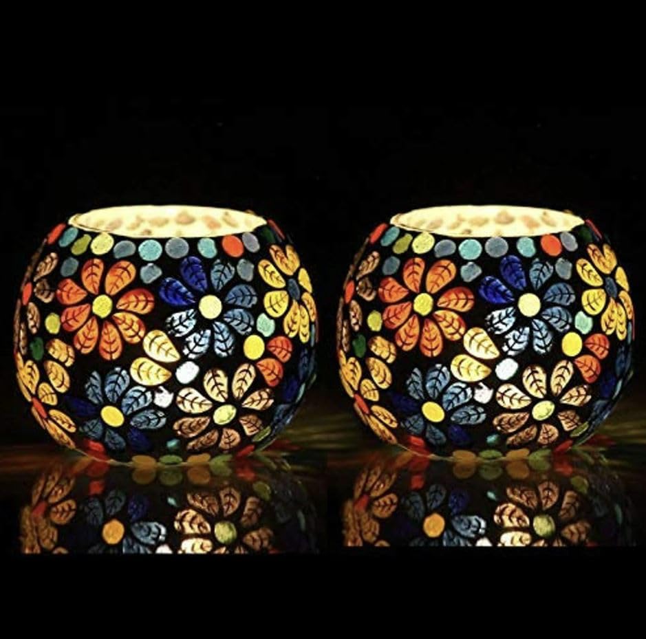 Image of Home Decor | Roli Poli Tealight Votive | Tealight Candle Holder | Mosaic Broken Glass Tea Light Votive - Assorted Multicolored (Set of Two)