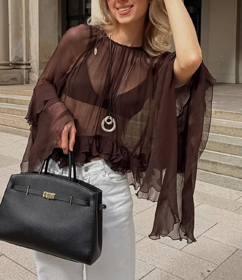 Ruffled Blouses for Women Boho Flowy Bell Sleeve Chiffon Top Sexy See Through Sheer Ruffle Hem Shirt Tops - Image 5