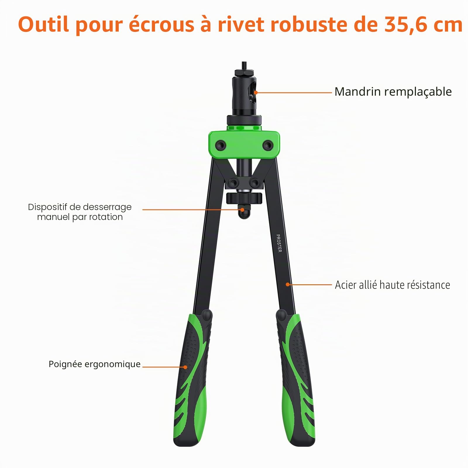 Proster 14" Riveteuse Manuelle - Pince à Insert Fileté Professionnelle avec Mandrins Interchangeables M3-M10, 150PCS Écrous, Économie d’Effort pour Réparation Auto, Métal, Atelier, Bricolage (Vert)