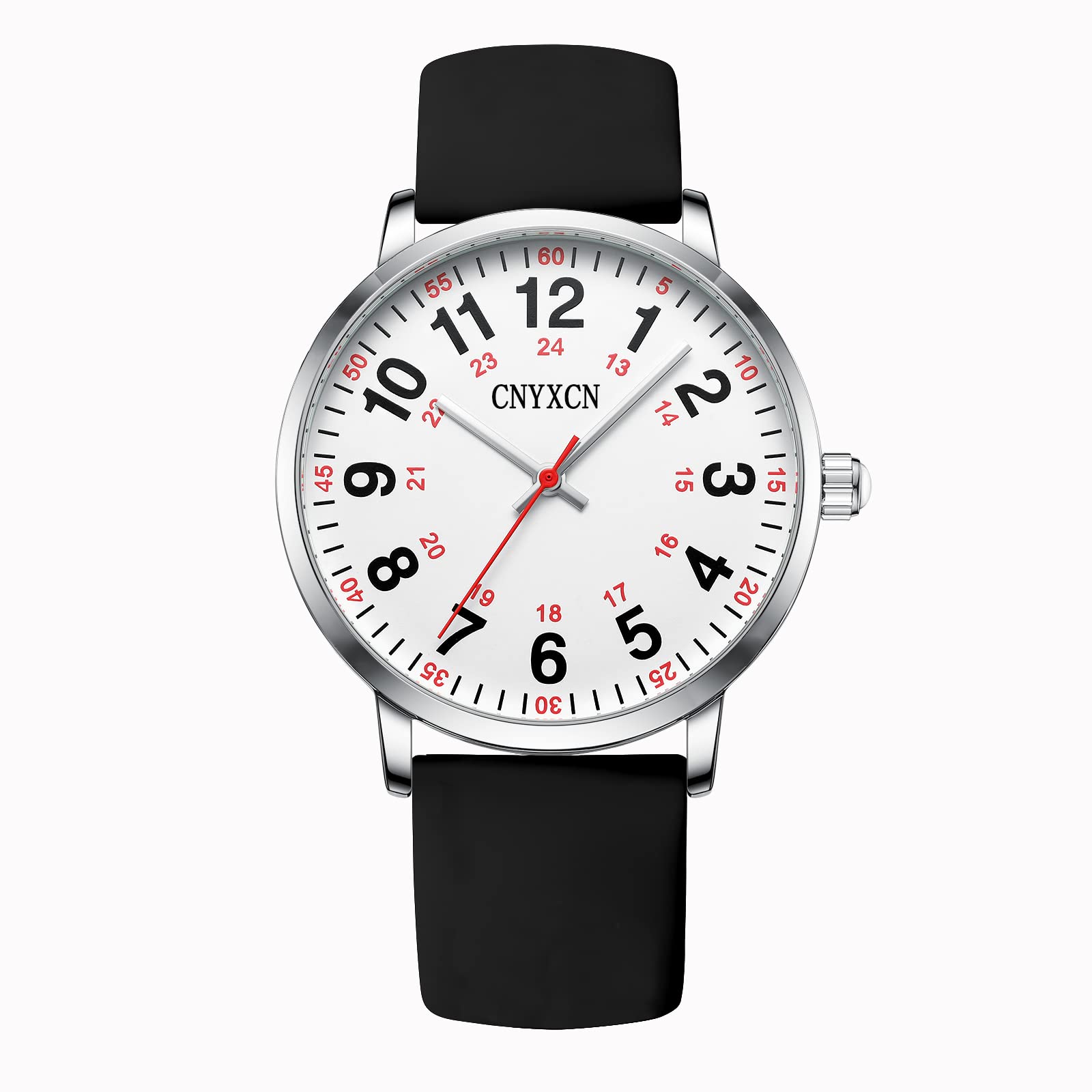 CNYXCN Nurse Watch for Medical Students,Doctors,Women Men with Second Hand and 24 Hour,Easy to Read Dial,Silicone Band,Water Resistant (Black White)