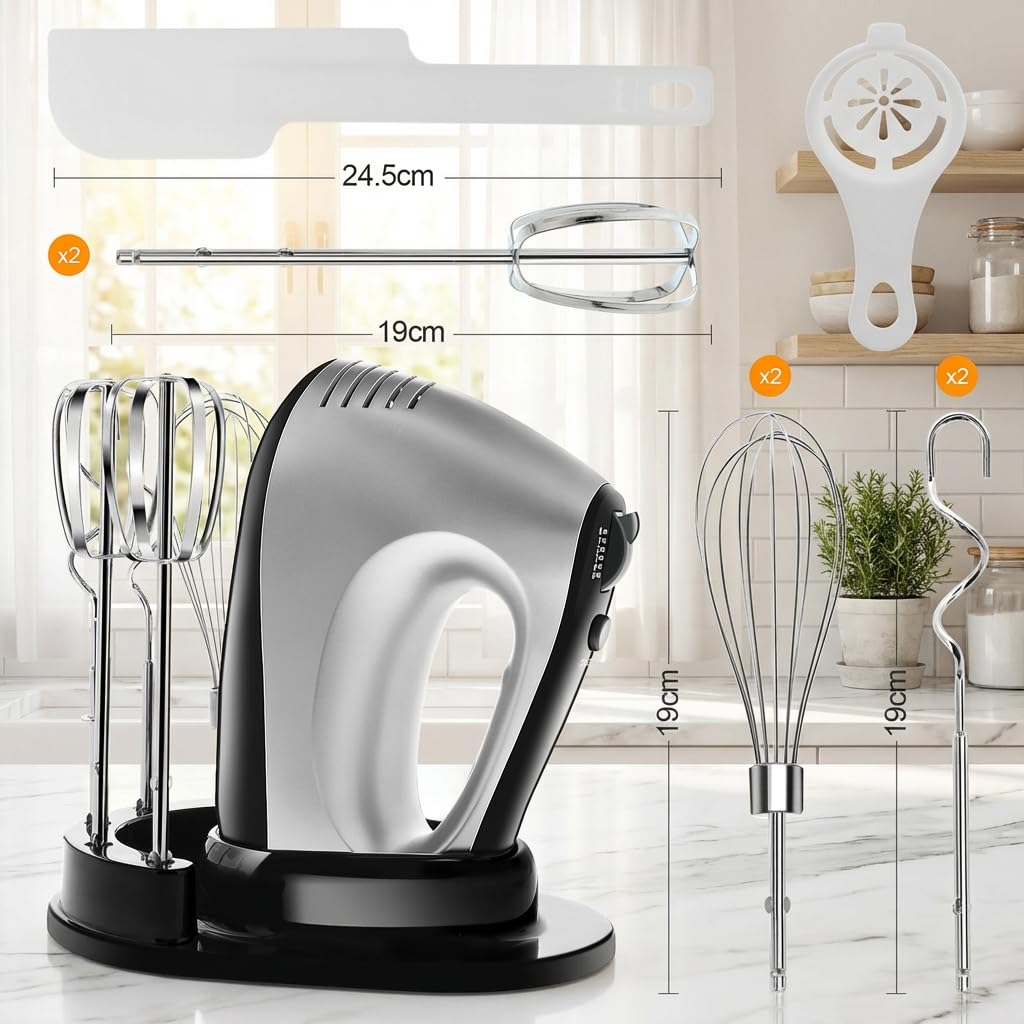 Batteur Électrique Puissant 500 W Batteur à Main avec 5 Réglages Vitesses Fonction Turbo et Bouton d'Éjection Batteur Cuisine Électrique avec Fouets et Crochets Inox Pour Gâteaux Confitures Crèmes