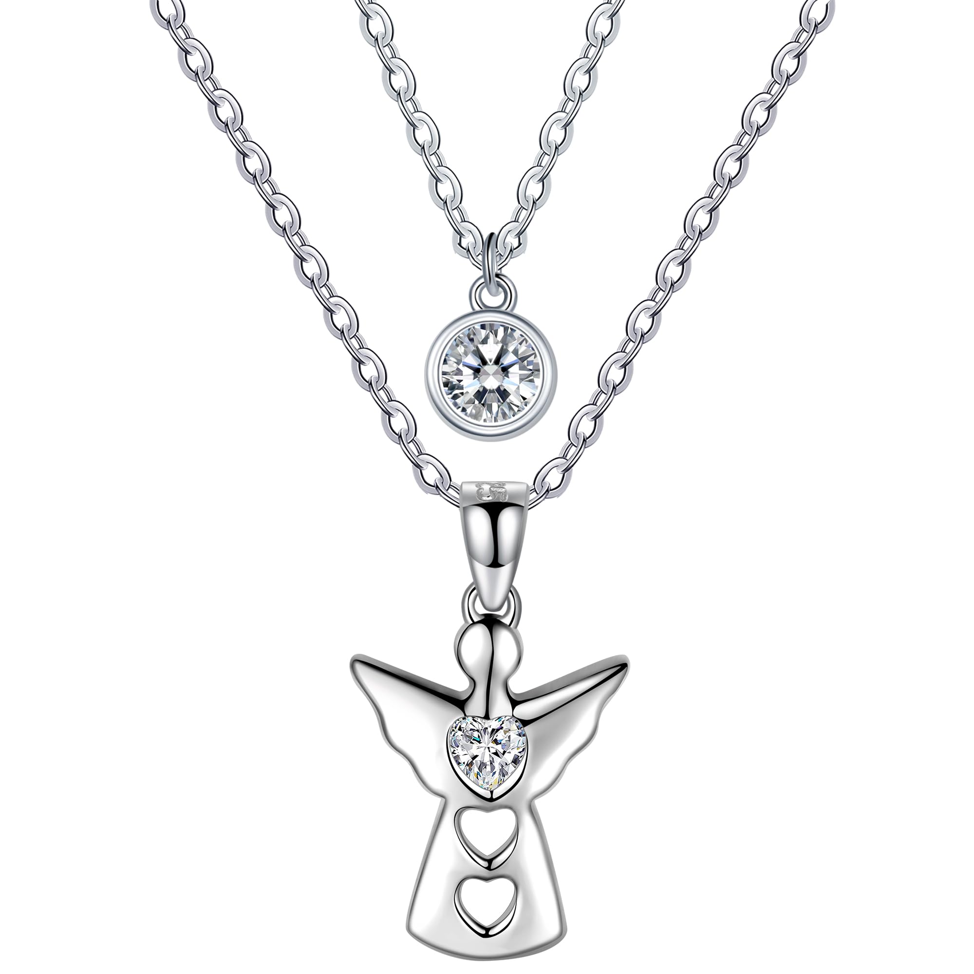 REIOTREIOT Silver Necklace Women, 925 Silver Double Chain with Cubic Zirconia Pendant, Mother's Day Birthday Gift for Women, Chain Length 45 + 5 cm