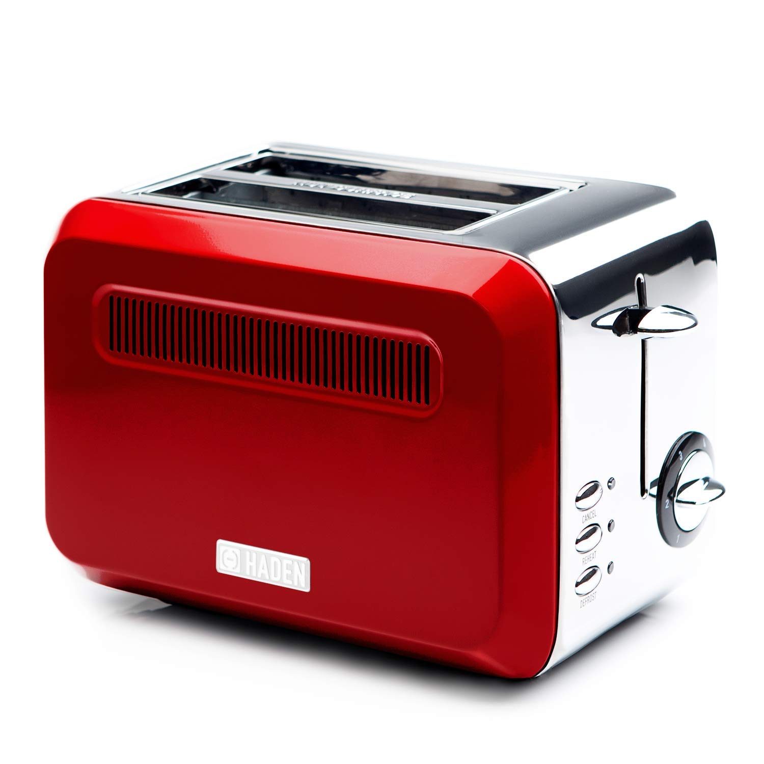 Haden Boston Toaster in red and chrome finish, with two slices of toast, jam, and a plate on a kitchen counter.