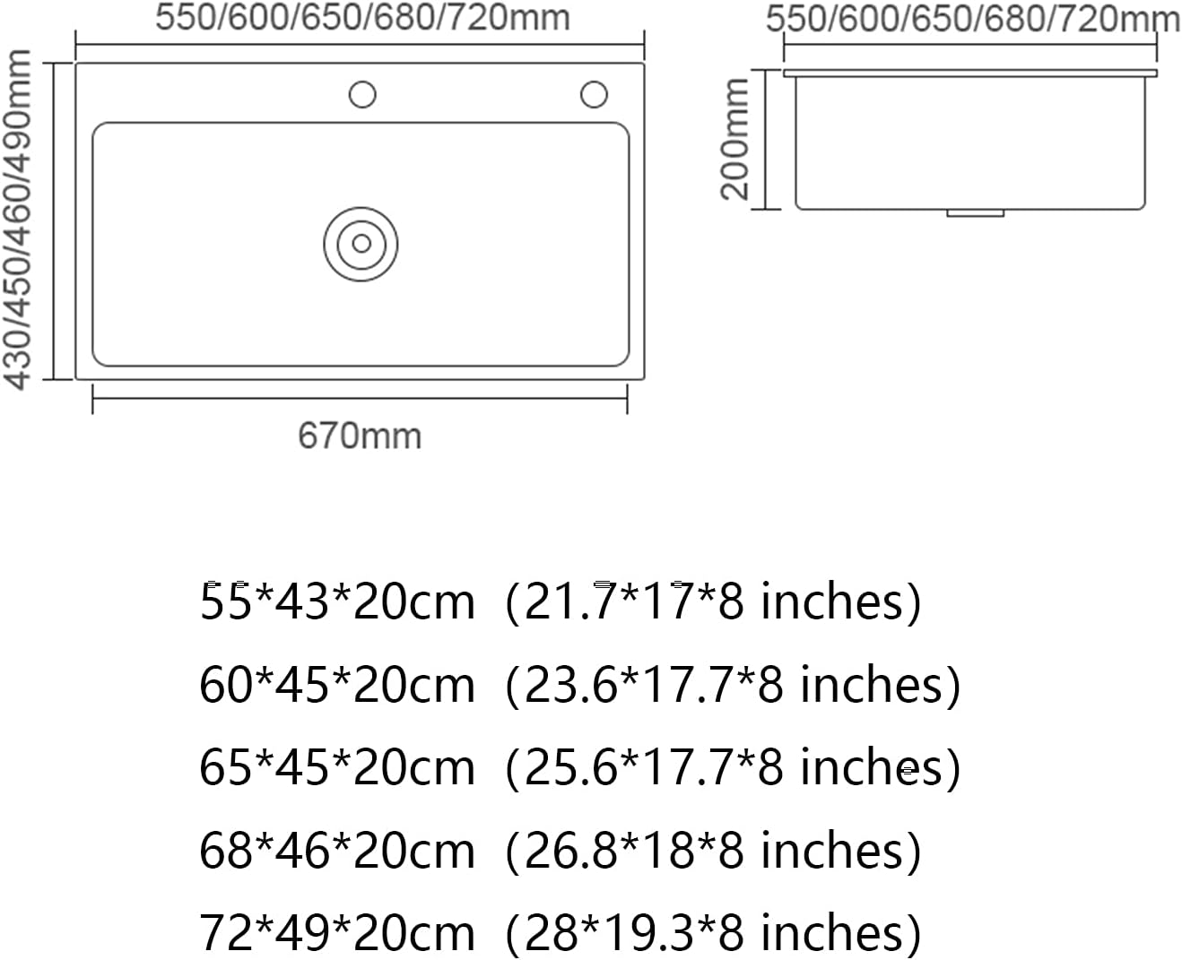 Rectangular Single Bowl Sink, Household Quartz Stone Large Handmade Sink, Built-in Restaurant Bar Sink (W 60 x 45 x 20 cm) (W 60 x 45 x 20 cm)