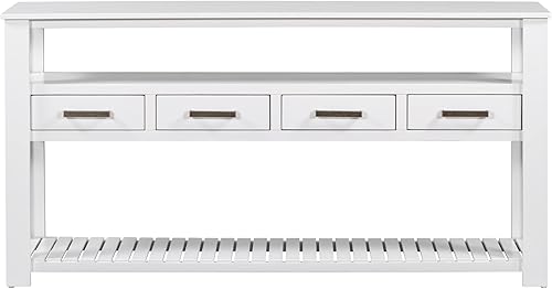 Miniatura 4 de Mesa consola blanca de 62 pulgadas con 4 cajones y estantes de almacenamiento de 3 niveles, mesa de sofá moderna de madera, mesa auxiliar para
