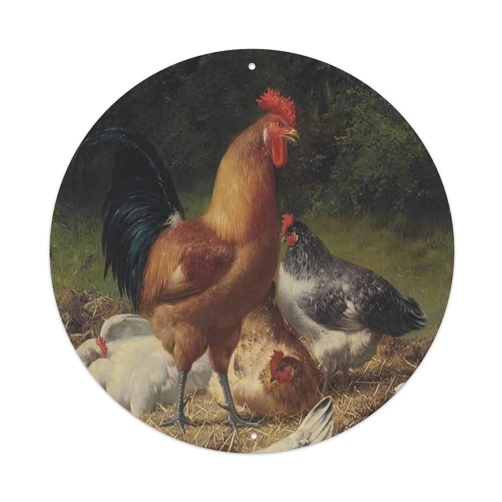 Animal Artwork Chickens on The Farm Vintage Metal Tin Sign Plaque Wall Decor for Cafe, Club Bar, Office, Garden Metal Poster 8x8Inch