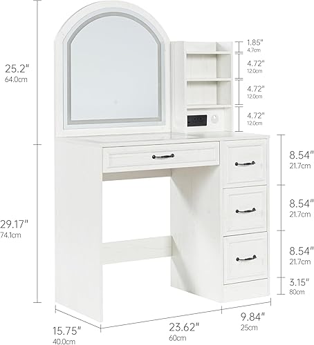 Miniatura 2 de Escritorio de tocador con espejo y luces, mesa de tocador de maquillaje con armario lateral, tocador de 4 cajones con parte superior de cristal,