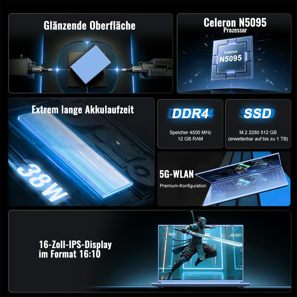 Gaming Laptop 16 Zoll Win11 12+512GB SSD Unterstützung 2TB(HDD-2TB) 1920x1200 Notebook 4-Core Celeron N5095 (bis 2.9GHz) Laptop mit Nummerntastatur WiFi Mini HDMI Deutscher Tastaturschutz-Blau