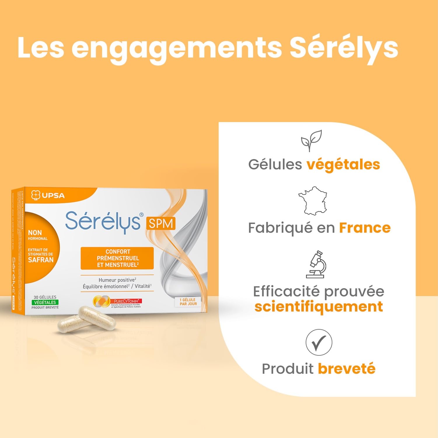 UPSA - Sérélys SPM - Complément Alimentaire Pour le Confort Prémenstruel et Menstruel - Humeur Positive, Equilibre Emotionnel & Vitalité - Non Hormonal - 30 Gélules Végétales - 1 mois