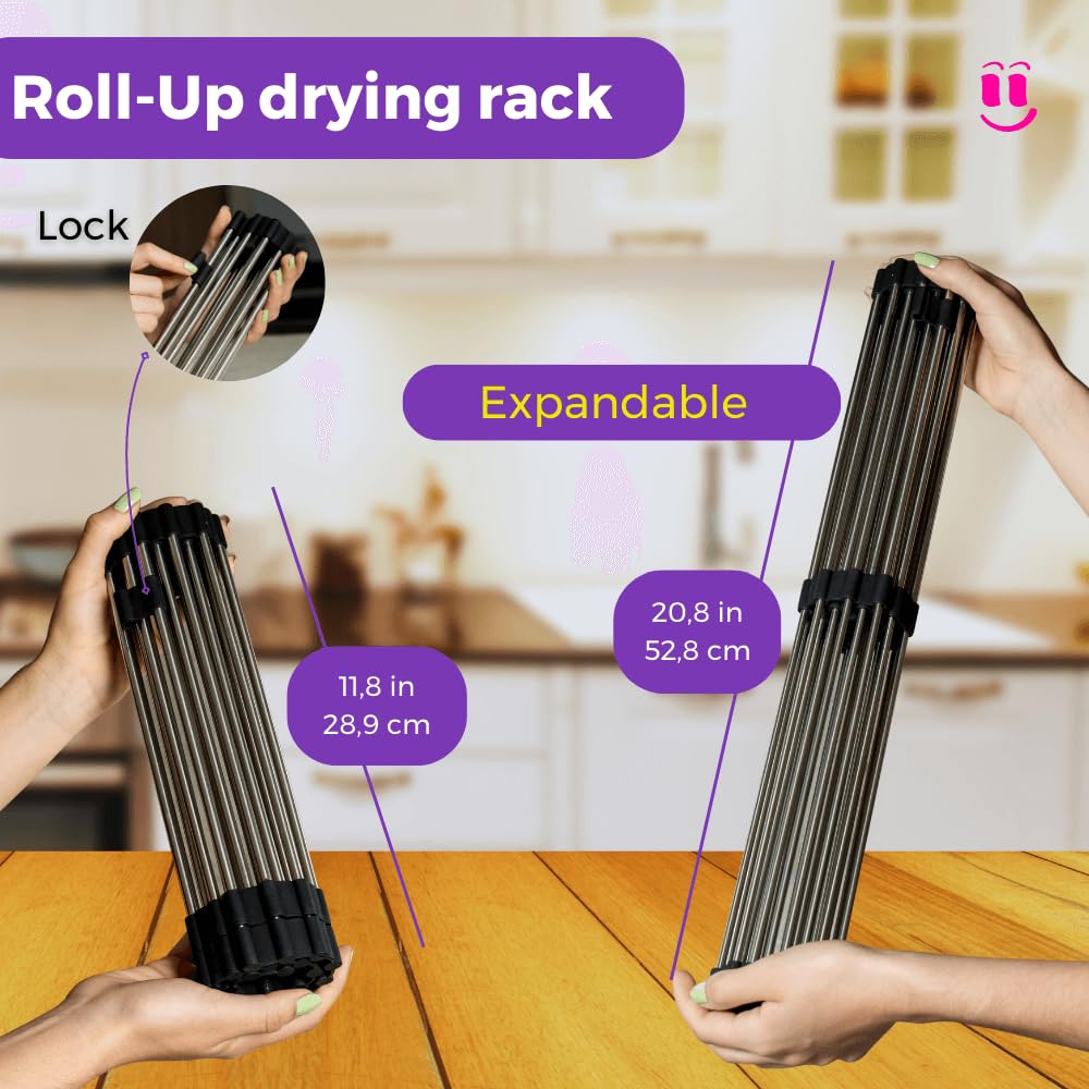 Mejora tu cocina con nuestro juego de escurridor de platos enrollable 3 en 1, incluye escurridor de platos de acero inoxidable sobre el fregadero, alfombrilla de silicona resistente al calor y