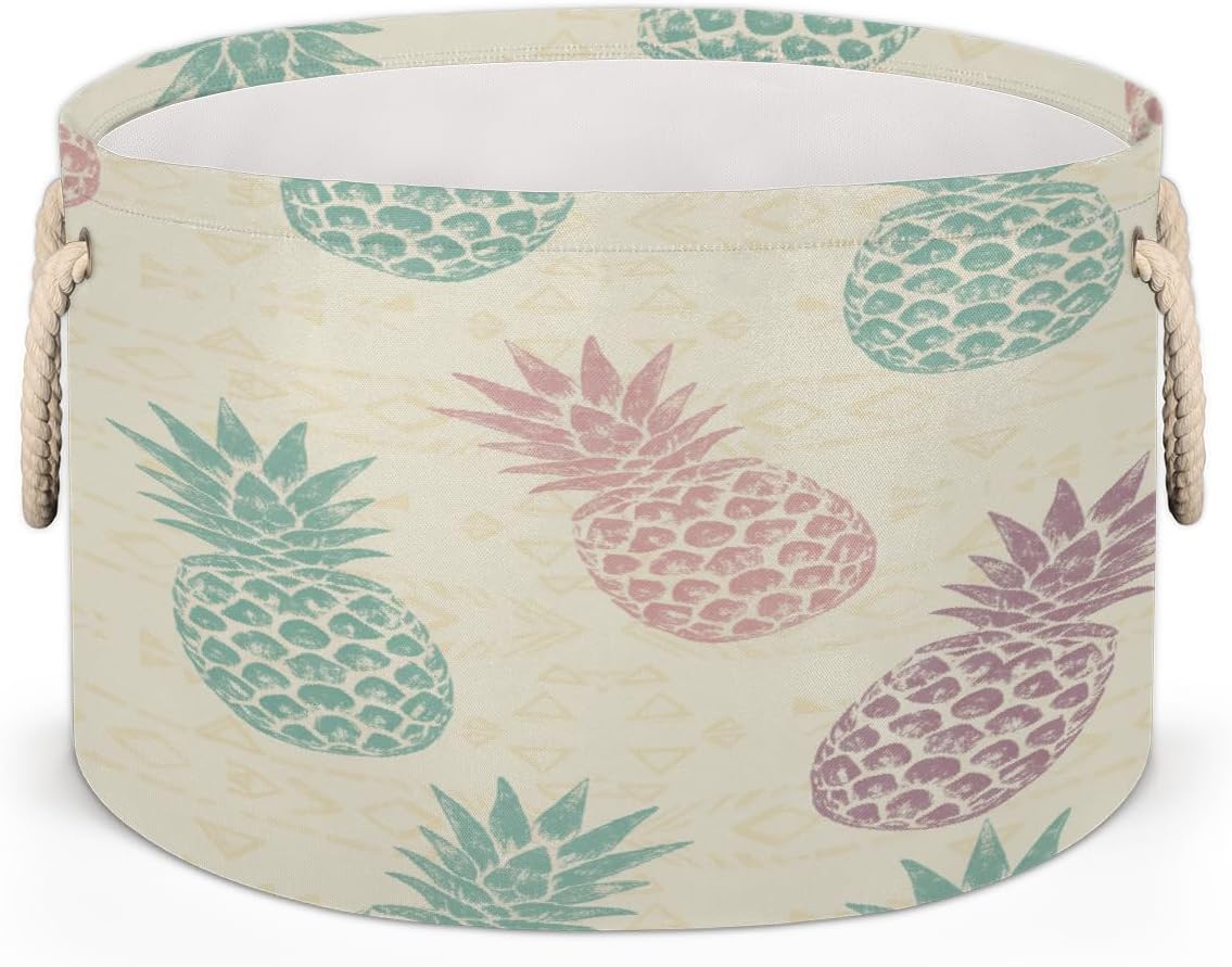 Large Storage Baskets - Pastel Pineapples Nursery Round Collapsible Organizer Bin Box, Laundry Hamper for Kids Toys, Blanket, Bedroom Living Room Home Decor, Gift Basket, 19.4"x13.3"