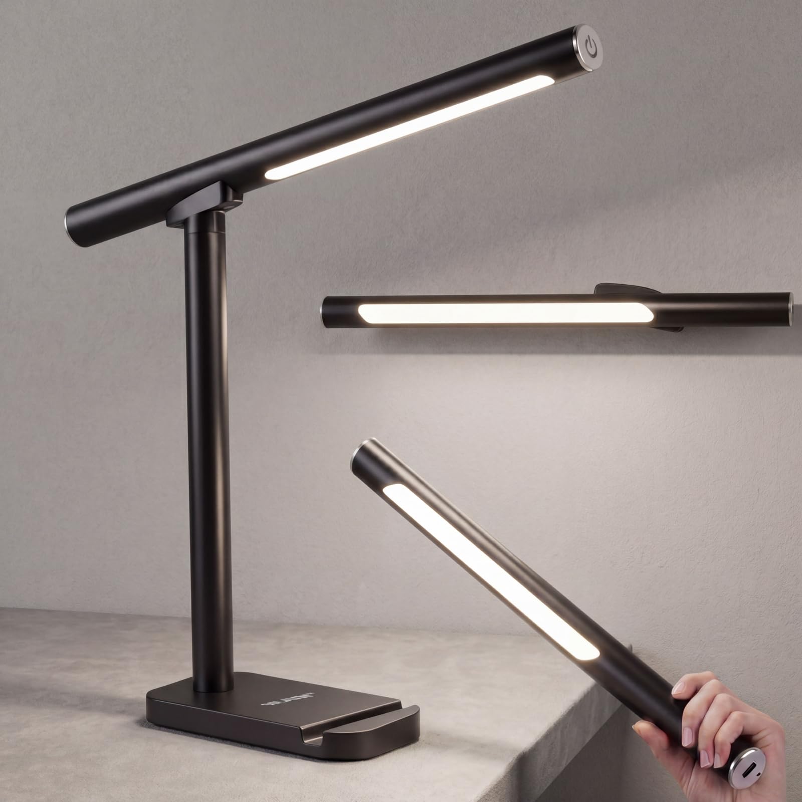 SOLAVN Cordless Rechargeable Desk Lamp, Black 3-in-1 Magnetic Table Lamp with Detachable Light Bar, USB-C Touch Dimmable 3000K-6500K, 7W 360° Reading and Bedside Lamp — image 1