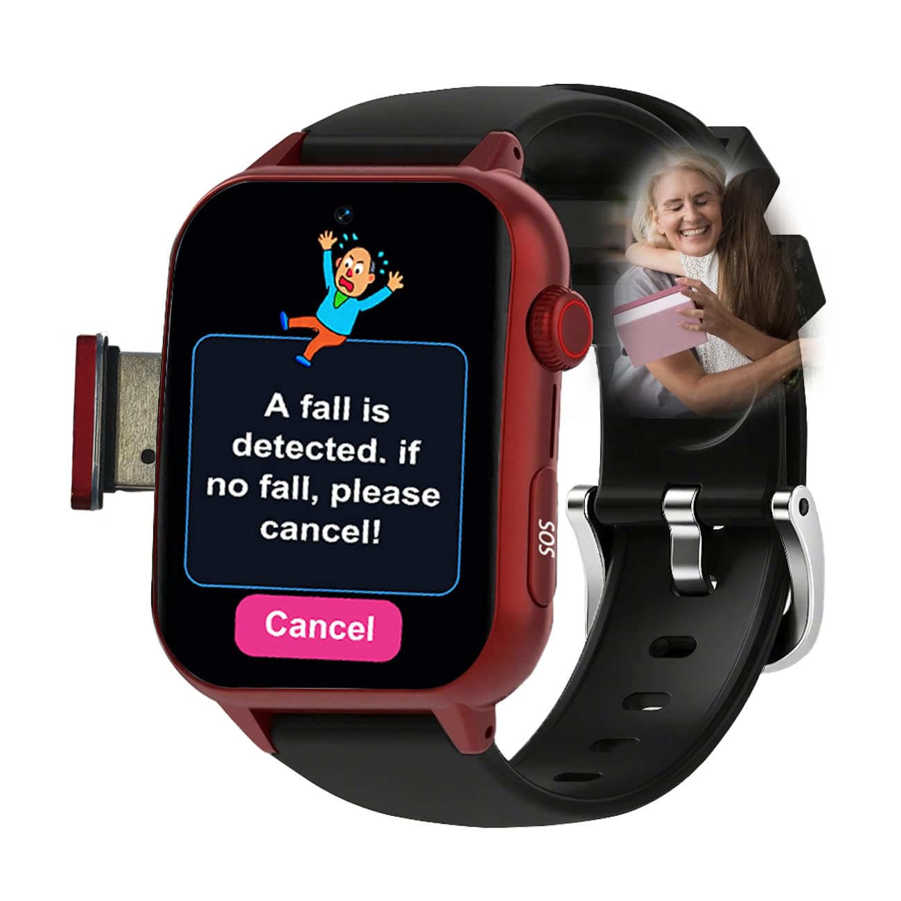 Bracelet Alarme Personne Agee avec Détection De Chute Montre 4G pour SeniorsPersonne Âgée Bouton SOS Suivi GPS Appel Bidirectionnel pour Alzheimer Et DémenceRed,1.96 * 1.57 * 0.47inch