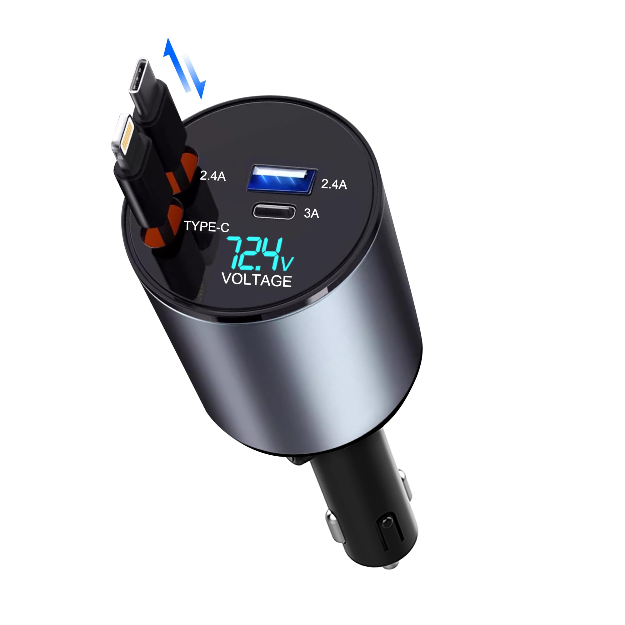 Retractable Car Charger 4 in 1 Fast Charge USB C Car Charger Adapter with Retractable Cord Cable 100W, Car Phone Charger for iPhone 15 Pro Max Plus 14 13 12