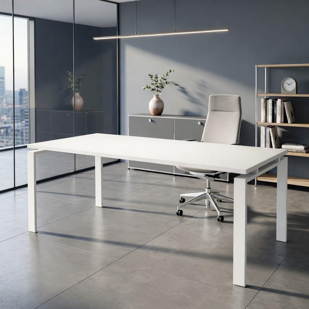 Mesa Oficina Profesional | Escritorio Madera con Tablero de Melamina 25 mm para Despacho, Teletrabajo, Ordenador o Estudio | Mesa Ordenador Escritorio Grande (Blanco, 140X80)