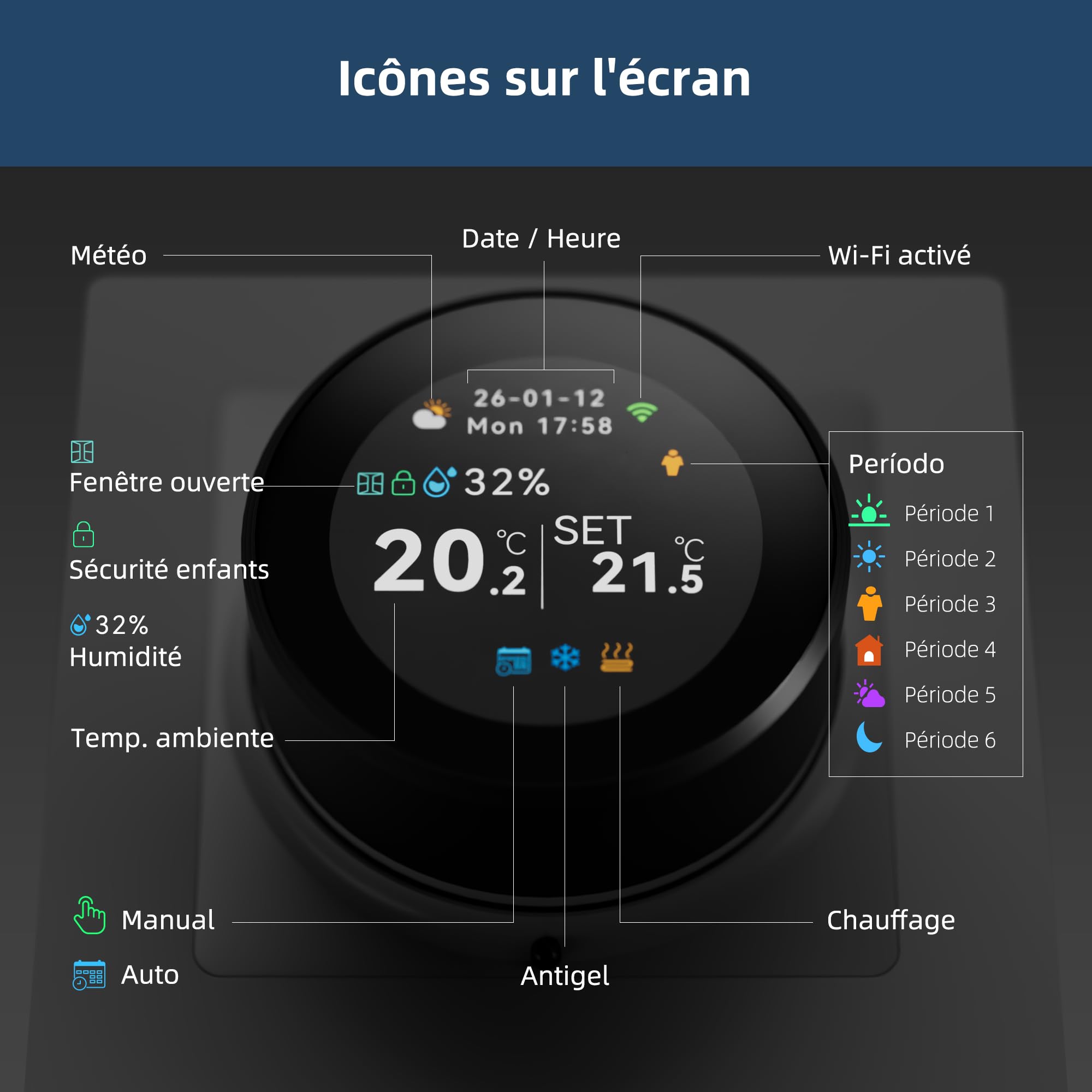 Beok Thermostat Connecté Intelligent WiFi, avec Sonde Extérieure, Régulateur Température Rotatif, Écran Couleur, Programmable 16A pour Chauffage Sol Électrique, Compatible Alexa/Google Home