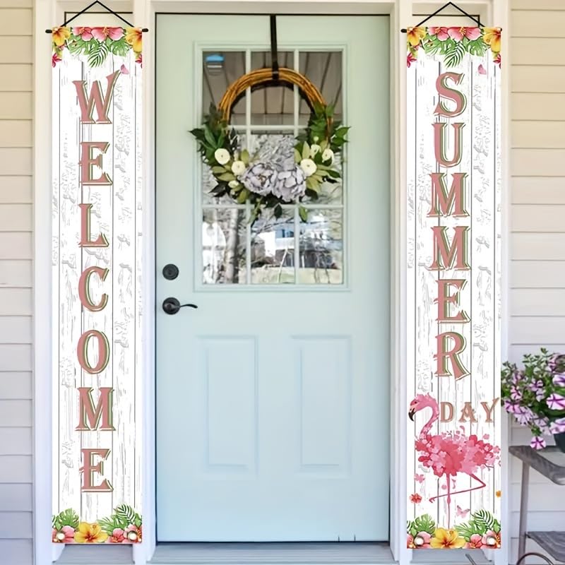Image of BlissYard 2pcs Welcome Summer Door Banner Hawaiian Flamingo Porch Banners Sign Sunshine Hibiscus Floral Front Door Hanging Decor Banner for Seasonal Home Hawaii Tropical Party Outdoor Decorations