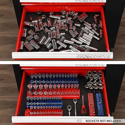 Image of Mayouko 8PCS 1 /4 inch, 3 /8 inch, 1 /2 inchDrive SAE & Metric ABS Socket Oganizer Set, Total 176 Posts, Deep & Shallow Socket Storage for Toolboxes, Socket Holder Tray for Drawer