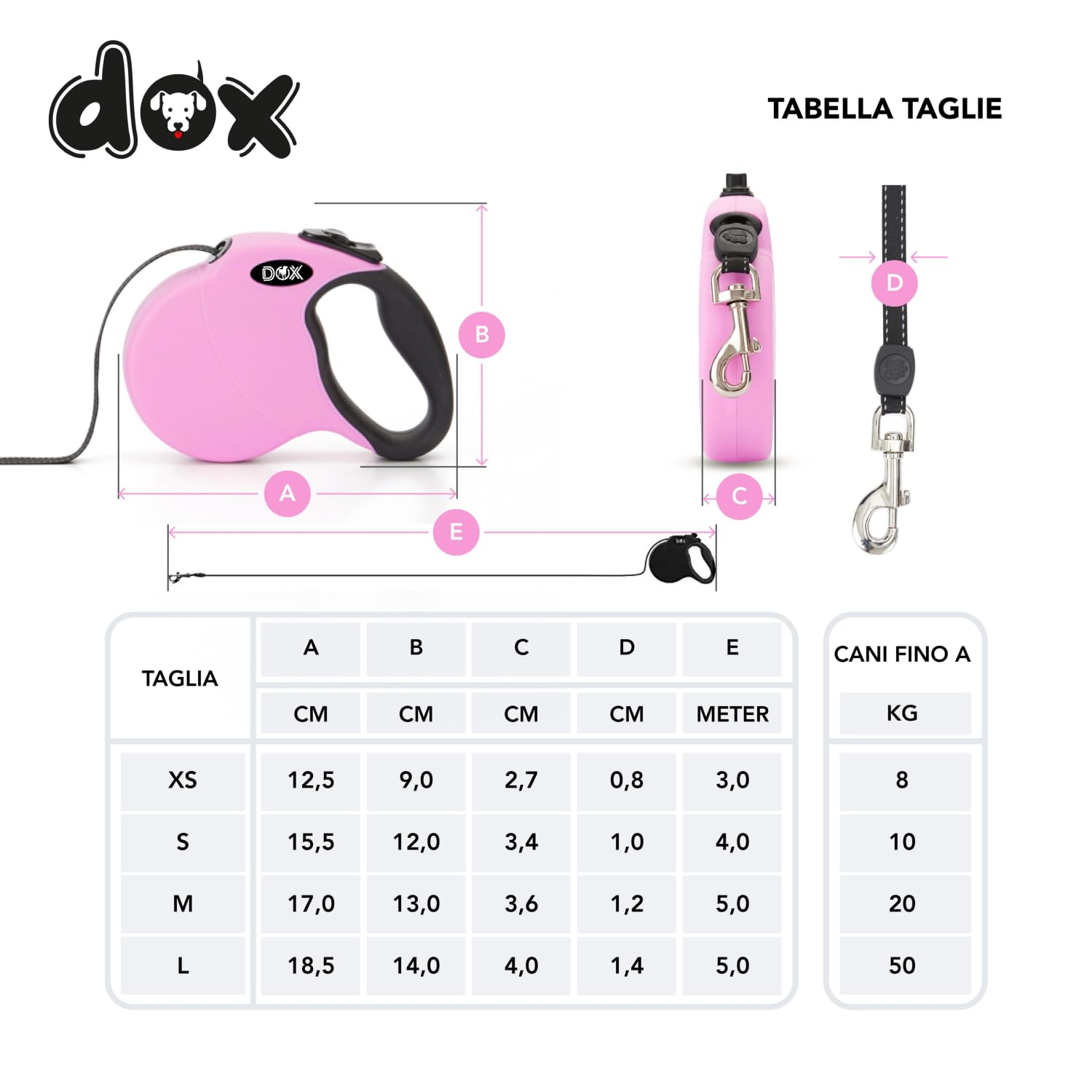 DDOXX Guinzaglio per Cani Allungabile | Colori e Misure Diverse | per Cani Piccoli e Grandi | Accessori Cane Guinzaglio a Bretella Retraibile | Guinzaglio per Gatti e Cani | L, 5 m, Fino a 50 kg, Rosa