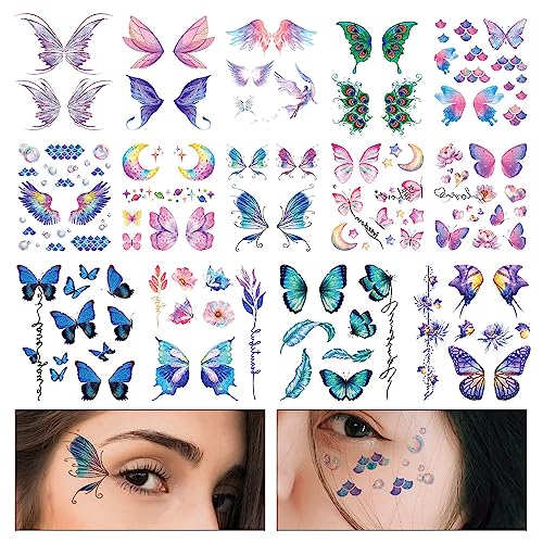 14 Sheets Glitter Butterfly Temporary Tattoos, Waterproof Fairy Wings Temporary Tattoo Body Art Fake Tattoos for Women Girls Festival Music Party Favors Cosplay Eye Face Makeup