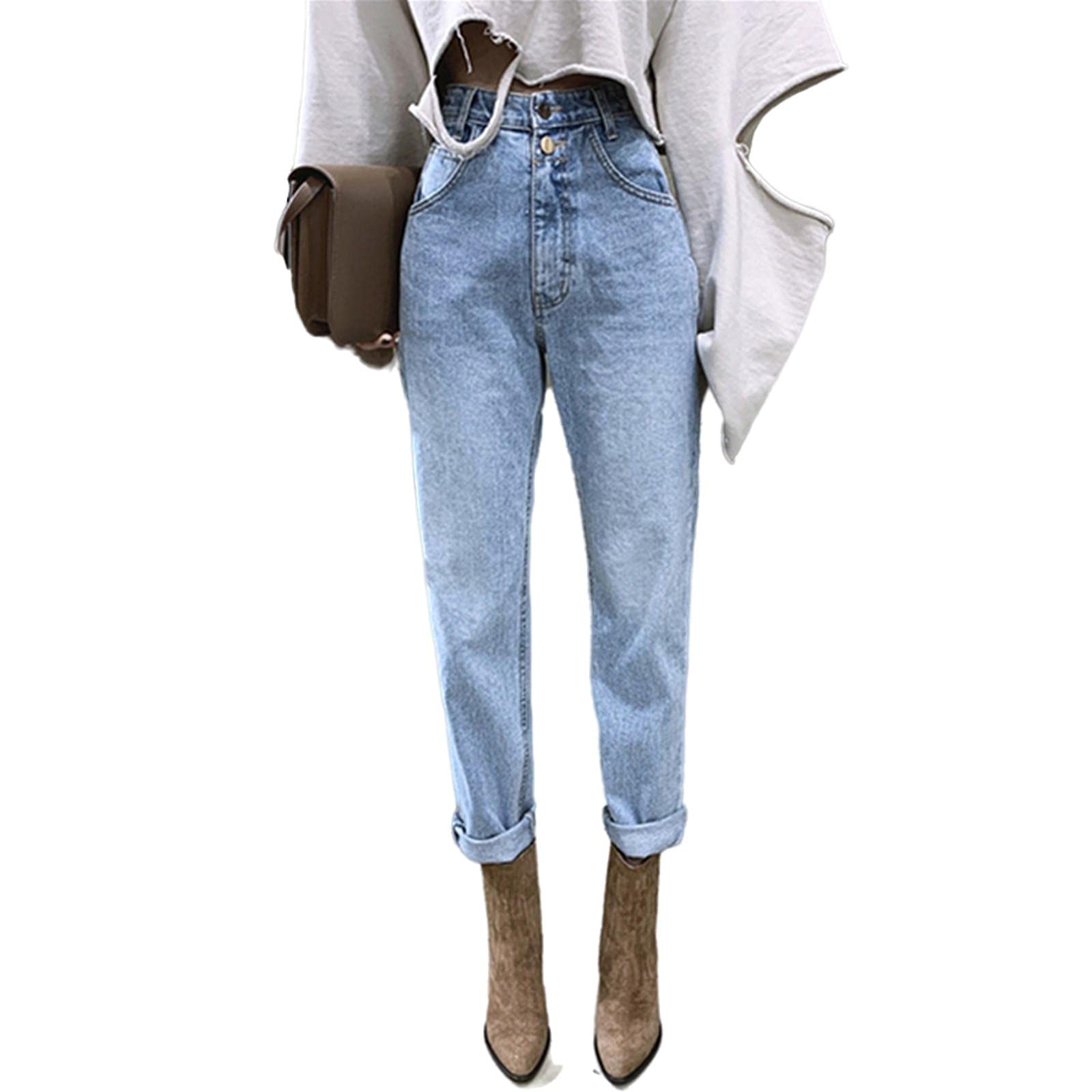 UKKO Jeans da Donna Pantalone Annata dei Jeans Dritto della Vita Alta per Le Donne Streetwear Streetwear Shoes Shouser