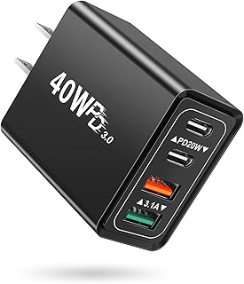 USB C Wall Charger Block Multiport 40W USB Plug QC+PD 3.0 Power Adapter 4-Port Fast Charging Cube for iPhone 14 13 12 11 Pro Max XS XR X 8 7 6 SE, iPad, Samsung Tablet