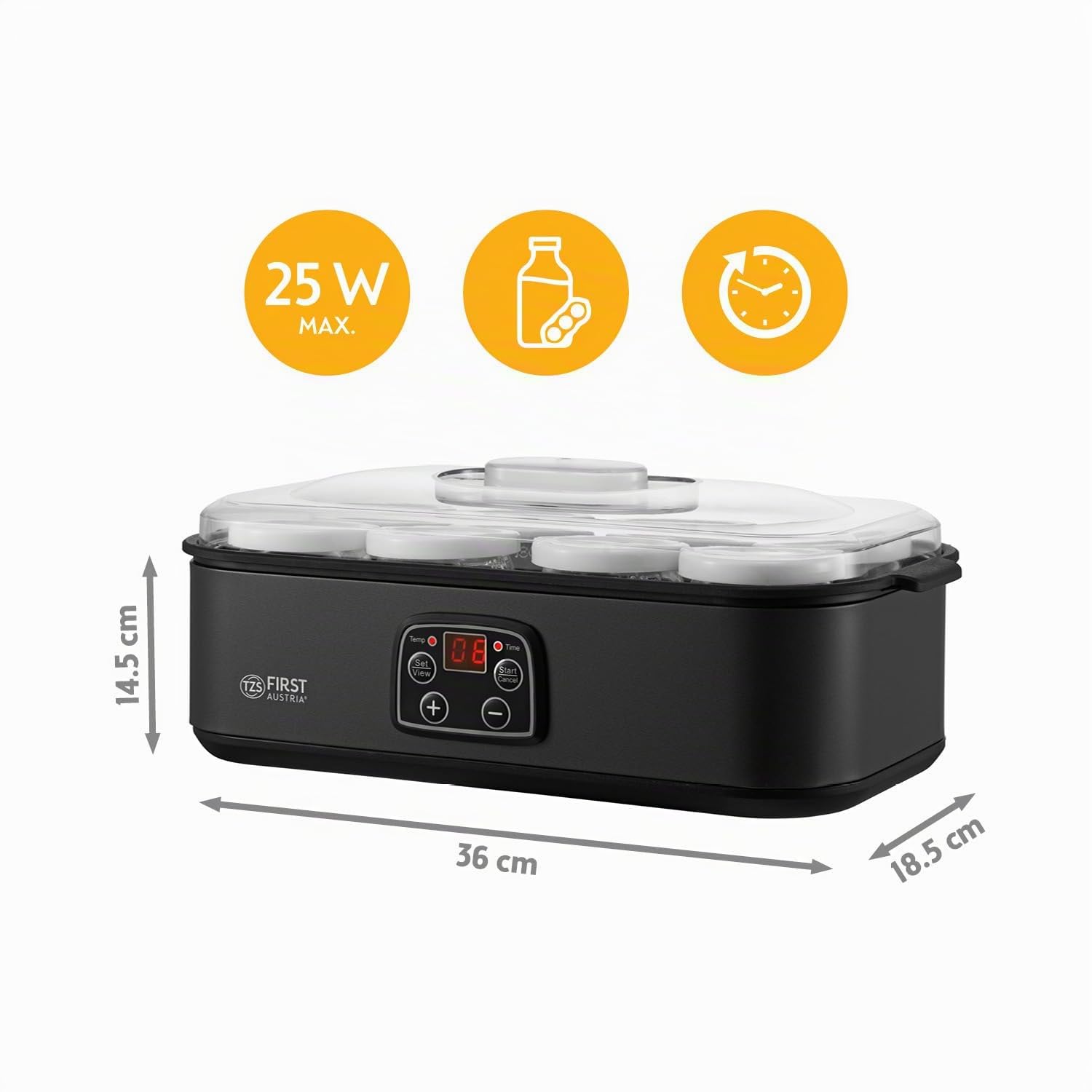 TZS First Austria Preparatore di Yogurt Elettrico - 8 vasetti in vetro da 180 ml (1,4 L) - Temperatura regolabile fino a 55 °C - Display LED - Spegnimento automatico - Timer 48 h - BPA-free