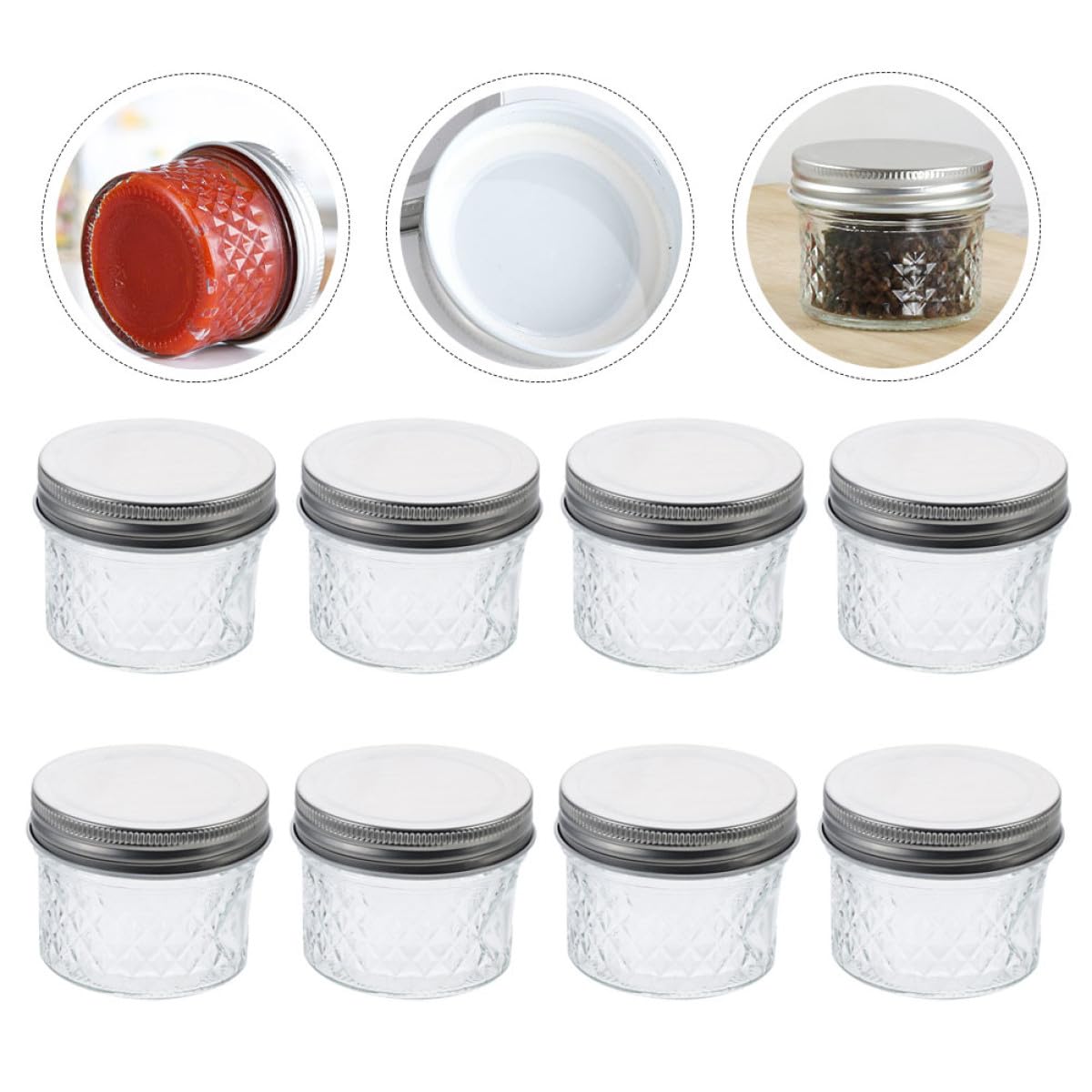 Set da 8 Barattoli in Vetro Trasparente 100 Ml Coperchio Sigillato, Contenitori per Marmellata e Caviale, Vasetti per Conservazione Alimenti Freschi in Cucina